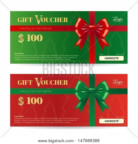 Elegance christmas gift card or gift voucher template with shiny red and green bows and ribbons vector
