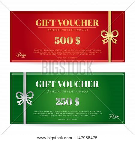 Elegant christmas gift card or gift voucher template with shiny gold and silver bows and ribbons vector