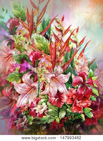 Bouquet of multicolored flowers watercolor painting style