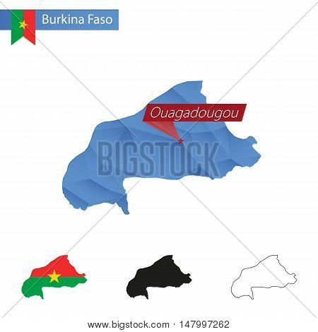 Burkina Faso Blue Low Poly Map With Capital Ouagadougou.