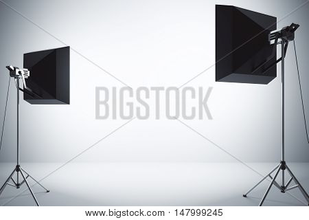 Empty concrete wall illuminated with two professional lamps. Mock up 3D Rendering