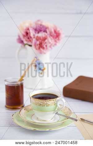 Morning Breakfast And A Bible Study On A White Table