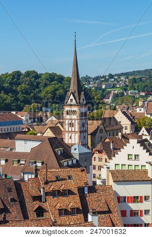View Of The City Of Schaffhausen At The End Of Summer, Tower Of The All Saints Abbey In The Foregrou