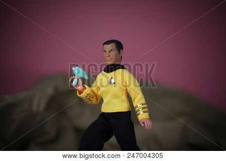 JUNE 22 2018: Recreation of a scene from Star Trek where Captain James T. Kirk beams down to the planet with an away team