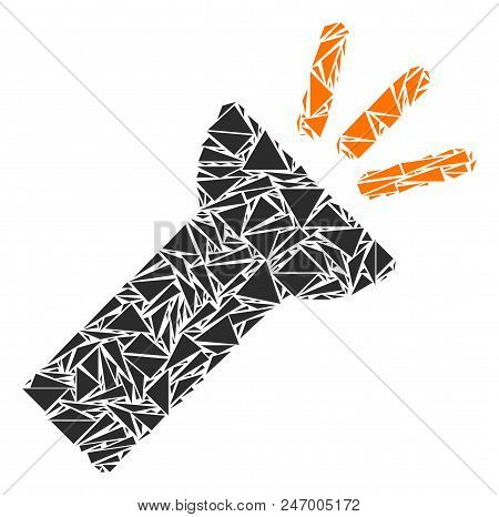Electric Torch Light Mosaic Of Triangle Elements In Variable Sizes And Shapes. Vector Triangles Are 