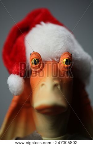 JUNE 22 2018:  Humorous Christmas holiday theme using a Jar Jar Binks action figure from the Star Wars saga