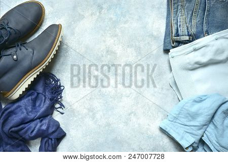 Woman Clothing Set In A Blue Color - Jeans, Bluse, Shirt, Boots And Accessories.top View With Copy S