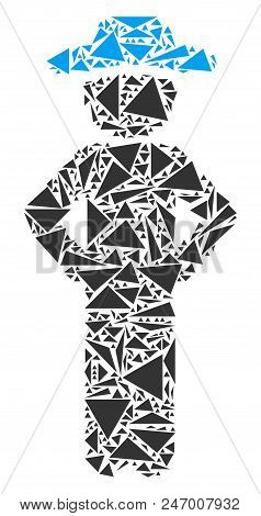 Gentleman Akimbo Collage Of Triangle Items In Various Sizes And Shapes. Vector Polygons Are Composed