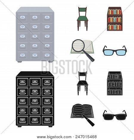 Cabinet With Filing Cabinet, Chair, Shelves, Information Search. Library And Bookstore Set Collectio