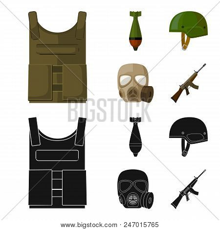 Bullet-proof Vest, Mine, Helmet, Gas Mask. Military And Army Set Collection Icons In Cartoon, Black 