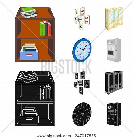Cabinet, Shelving With Books And Documents, Frames On The Wall, Round Clocks. Office Interior Set Co