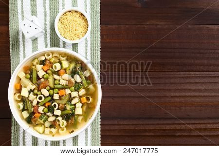 Fresh Homemade Vegetable Soup Made Of Zucchini, Celery, Carrot, Peas, White Beans, Green Beans, Pota