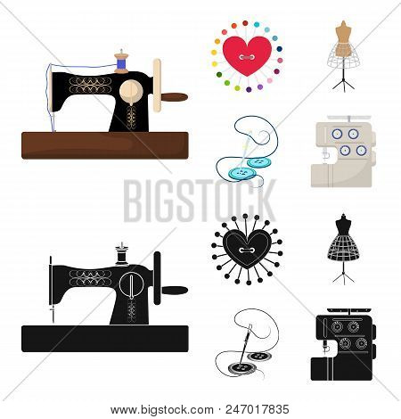Needle And Thread, Sewing Machine, Pincushion, Dummy For Clothing. Sewing And Equipment Set Collecti