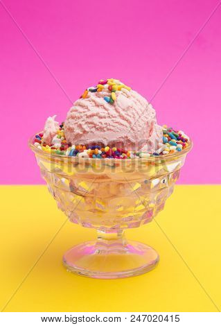 Simple Pink Ice Cream In A Crystal Sherbert Dish