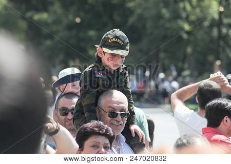 Baku, Azerbaijan - June 26 2018 - Military Parade In Baku, Azeri People Celebrating 100th Anniversar