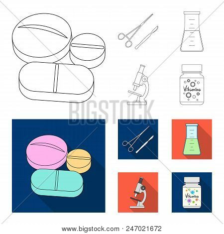 A Bank Of Vitamins, A Flask With A Solution And Other Equipment.medicine Set Collection Icons In Out