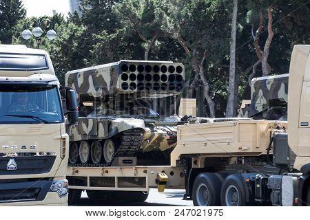 Baku, Azerbaijan - June 26 2018 - Military Parade In Baku, Azerbaijan On Army Day. Azerbaijan Celebr