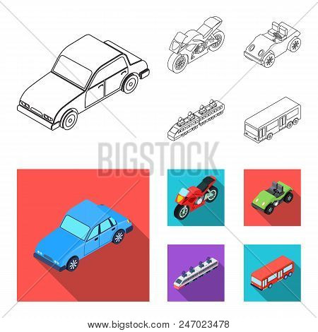 Motorcycle, Golf Cart, Train, Bus. Transport Set Collection Icons In Outline, Flat Style Vector Symb