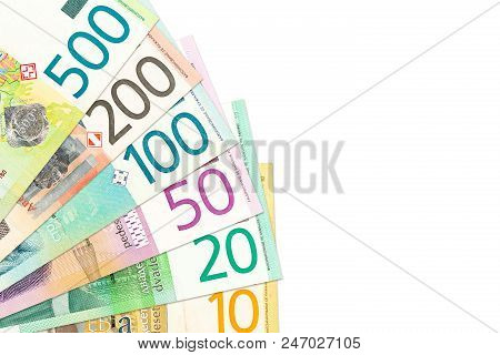 Heap Of Serbian Dinar Bank Notes With Copy Space