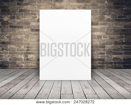 Blank White Paper Poster At Grunge Brick Wall And Wood Plank Floor,mock Up Template For Adding Your 