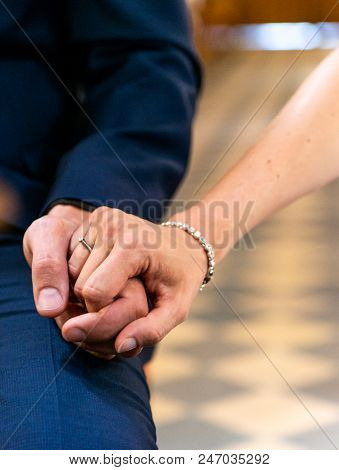 Hands Of Groom And Bride With Wedding Rings Celebration Thei Love Symbol