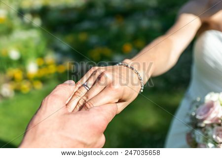 Hands Of Groom And Bride With Wedding Rings Celebration Thei Love Symbol