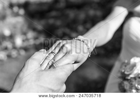 Hands Of Groom And Bride With Wedding Rings Celebration Thei Love Symbol