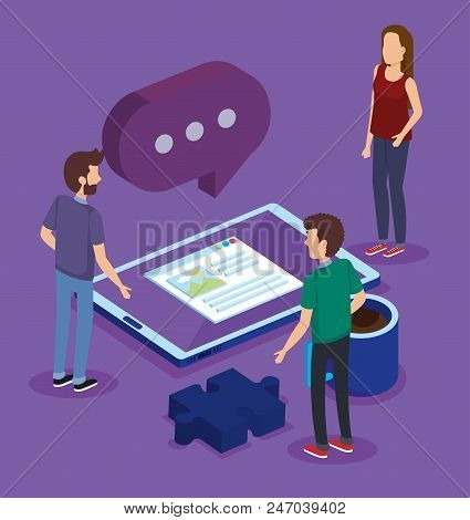 Digital Technology With Teamwork Isometrics Vector Illustration Design