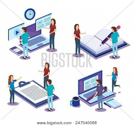 Digital Technology With Teamwork Isometrics Vector Illustration Design