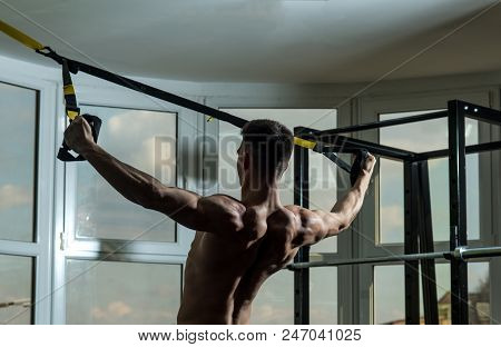 Man With Torso, Sportsman, Athlete, Muscular Macho Does Exercise With Trx Loops, Window On Backgroun