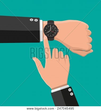 Wristwatch On Hand. Man Check The Time. Time On Wrist Watch. Black Clock With Strap. Vector Illustra