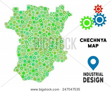 Gear Chechnya Map Mosaic Of Small Gearwheels. Abstract Territory Plan In Green Color Tinges. Vector 