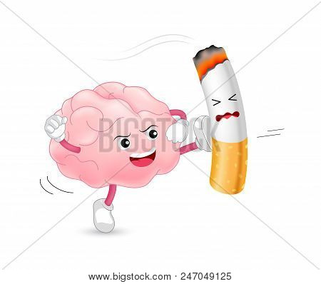 Brain Character Attacking The Cigarette. Smoking Is Harmful To The Brain And Other Organs. Resulting