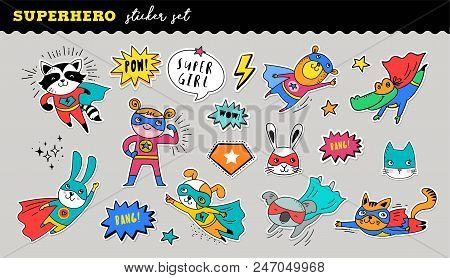 Superhero Animals Cute Sticker Collection. Vector Hand Drawn Illustrations