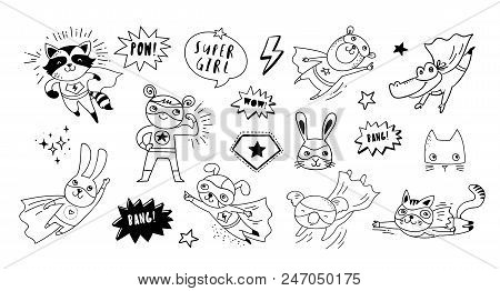 Superhero Cute Hand Drawn Animals, Cat, Dog, Panda, Bear And Crocodile Vector Black And White Charac
