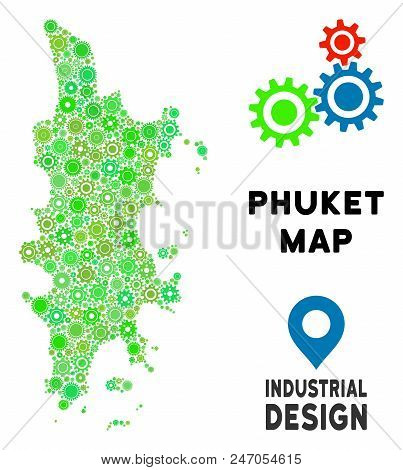 Gear Phuket Map Collage Of Small Gearwheels. Abstract Territorial Plan In Green Color Tones. Vector 