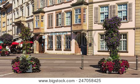 Schaffhausen, Switzerland - August 29, 2015: Buildings Of The Historic Part The City Of Schaffhausen