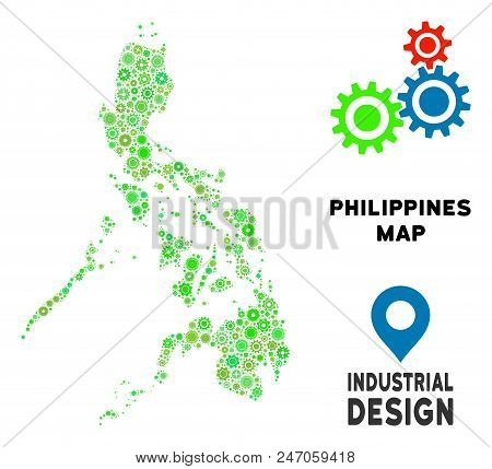 Gear Philippines Map Collage Of Small Cogs. Abstract Territorial Plan In Green Color Tinges. Vector 
