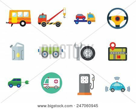 Car Icon Set. Steering Wheel Tire Electric Car Spanner And Car Wheel Petrol Jerrican Electrocart Tow