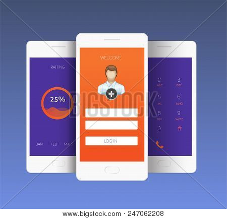 Vector Illustration Of Mobile Screens Sign In Form, Diagram, Calendar Widget . Ui For Web And Mobile