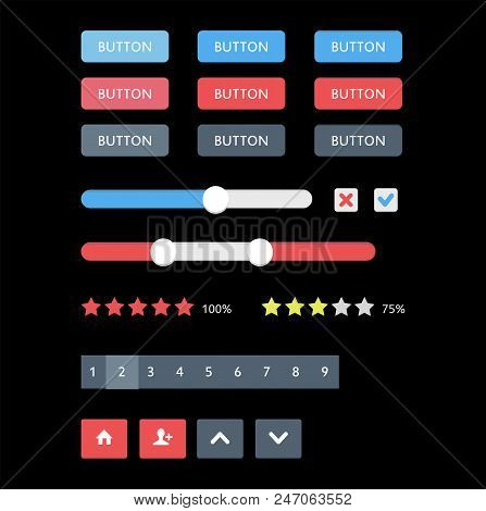 Web Ui Elements. Buttons, Switches, Bars, Power Buttons Sliders Vector Illustration