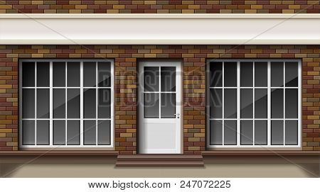 Brick Small 3d Store Or Boutique Front Facade. Exterior Empty Boutique Shop With Big Window. Blank M