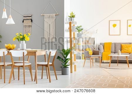 Real Photo Of A Spacious Home Interior With Wooden Table, White Chairs And Macrame On The Wall In Di