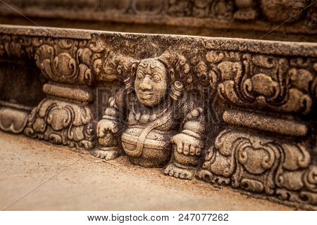Bahirawa Stone Carving In Intricate Detail At Sacred Site In Anuradhapura, Sri Lanka