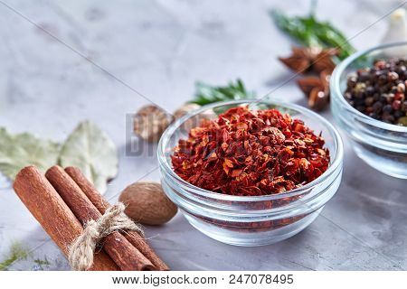 Three Glass Bowls With Spices Arranged In Rows On White Textured Background, View From Above, Select