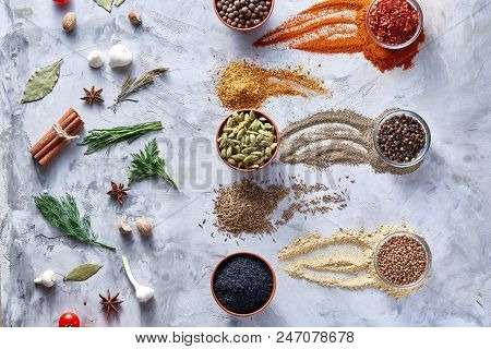 Three Glass Bowls With Spices Arranged In Rows On White Textured Background, View From Above, Select