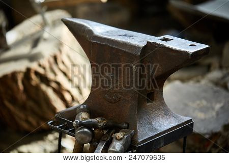 Big Heavy Anvil In The Blacksmith's Workshop, Close-up, Selective Focus.
