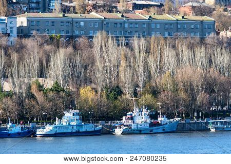 View Of Several Ships And Embankment Of Rostov-on-don. Russia