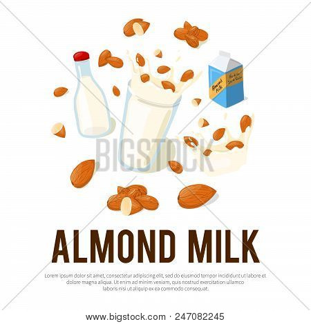 Almond Milk Vector Advertisement Flyer With Place For Your Text. Healthy Eating Cartoon Illustration