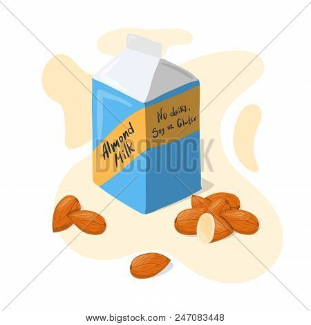 Homemade Almond Milk Tetra Pack With Whole Almonds Vector Poster. Healthy Eating Typography Letterin